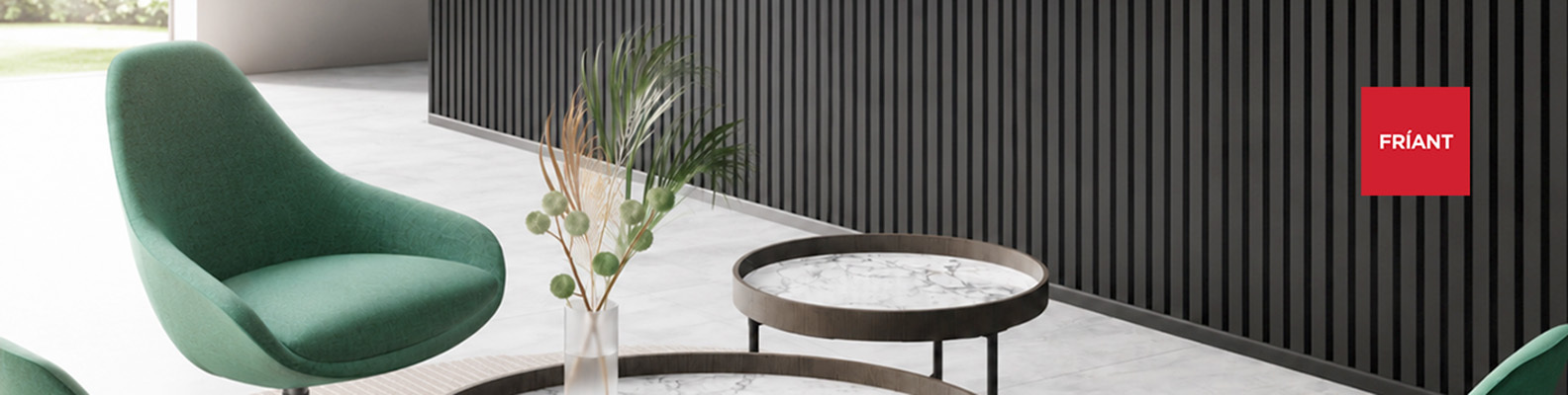Green lounge chairs beside round marble coffee tables, a tall vase with dried stems, and a black slatted wall with red FRÍANT logo.