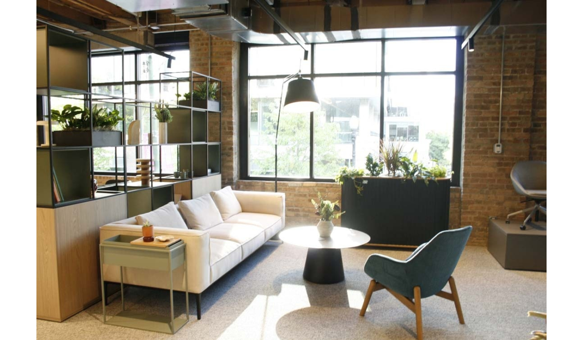 Sunlit loft lounge with a cream sofa, metal shelving of potted plants, black coffee table, teal armchair and large industrial windows.