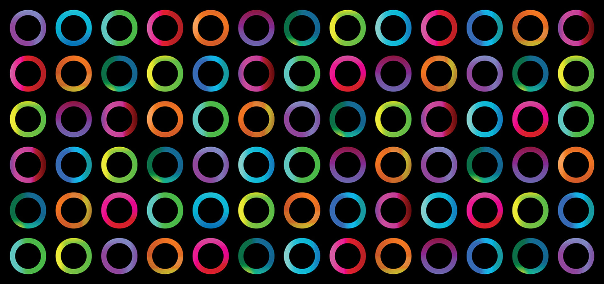 Rows of evenly spaced, multicolored gradient rings on a solid black background, arranged in a tidy rectangular grid with repeating colors.