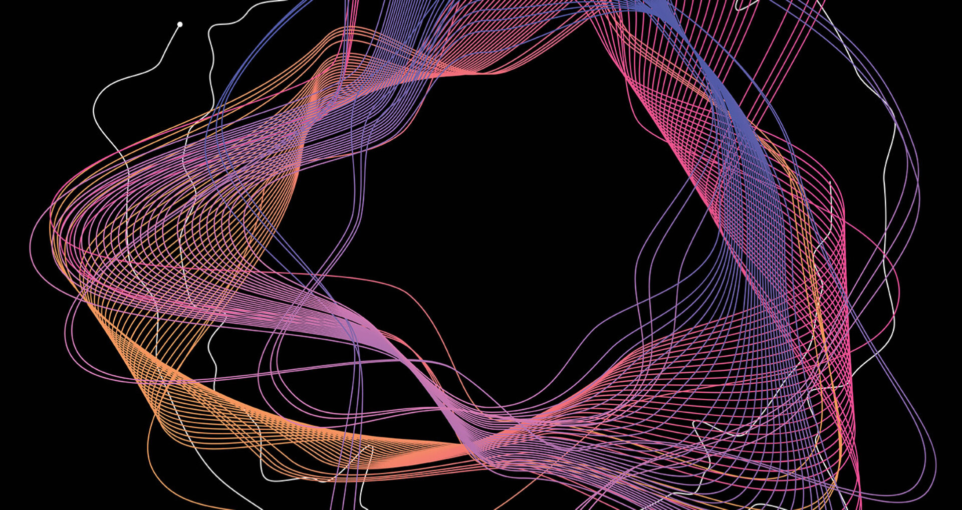 Colorful, flowing lines weave and intertwine against a black background, creating a dynamic, abstract visual pattern.