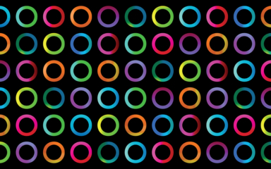 Rows of evenly spaced, multicolored gradient rings on a solid black background, arranged in a tidy rectangular grid with repeating colors.