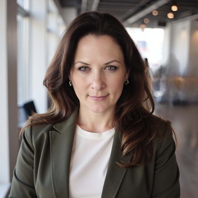 A confident woman with long, dark hair wears a white top and a green blazer, standing in a modern indoor space filled with light.