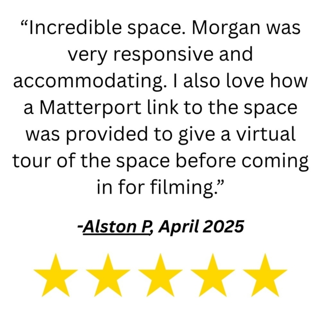 Black testimonial on white background praising Morgan and a Matterport virtual tour, credited to Alston P, Apr 2025, with five yellow stars.