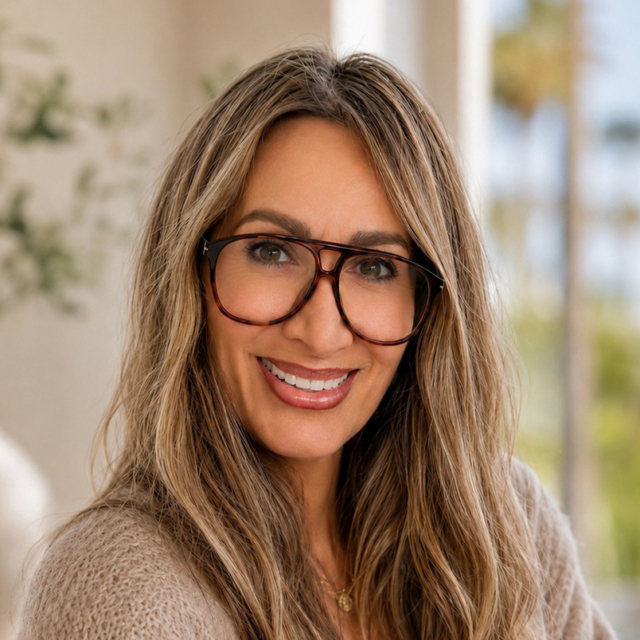 Smiling middle-aged woman with long highlighted hair and large tortoiseshell glasses, wearing a beige knit sweater in a softly lit room.