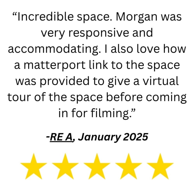 Quoted testimonial praises Morgan's responsiveness and virtual Matterport tour; signed RE A, January 2025, with five yellow stars below.