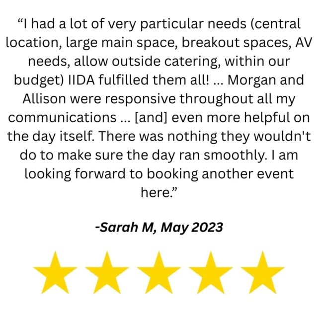Centered testimonial quote praising IIDA's responsive staff, signed by a client in May 2023, with five yellow stars aligned beneath.