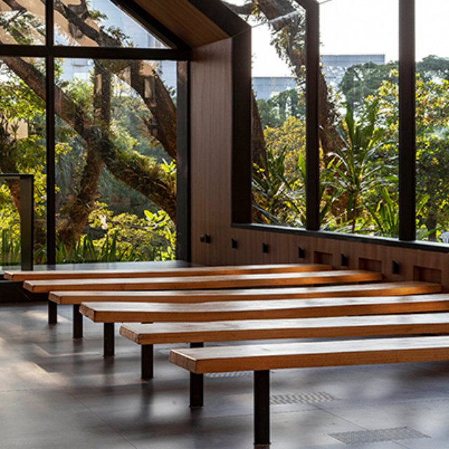 Sunlit minimalist chapel interior with long wooden benches facing floor-to-ceiling glass that frames mossy trees and lush garden foliage.