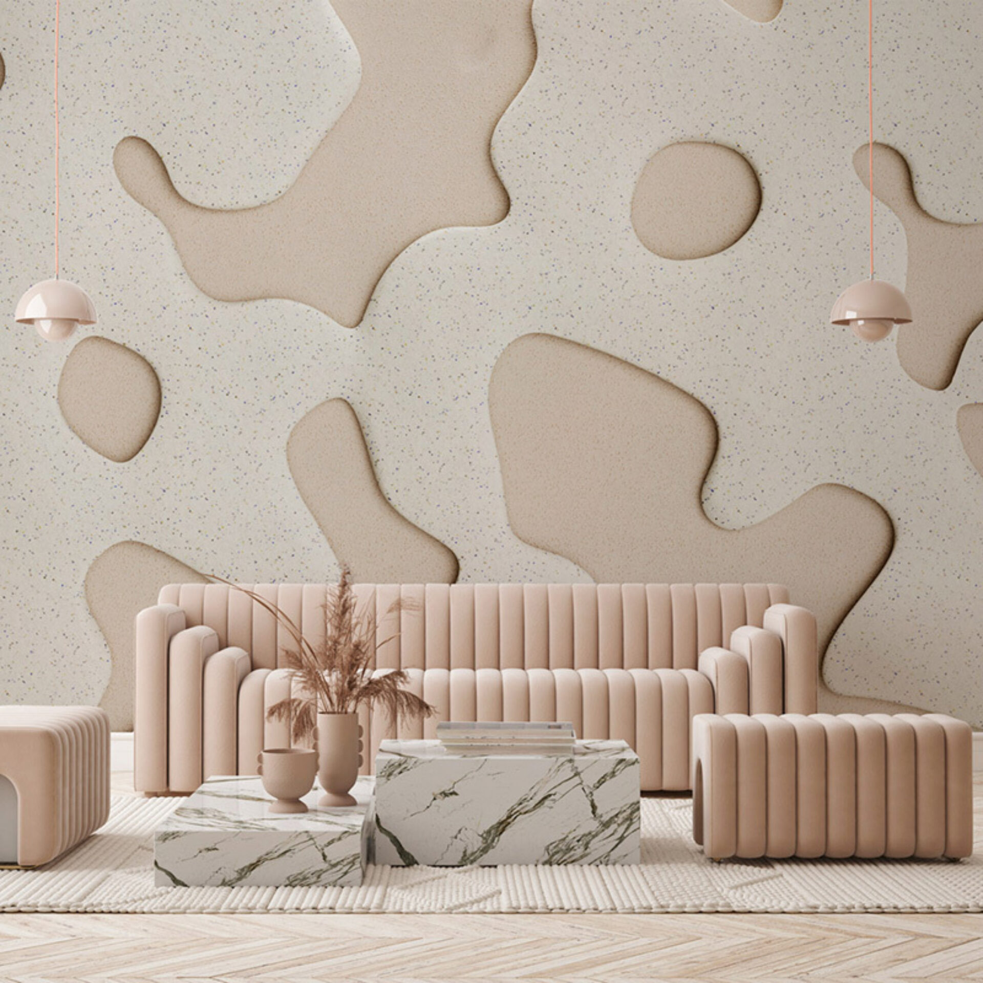 Stylish living room featuring a curved blush sofa, marble coffee tables, and textured beige walls with abstract shapes. Soft lighting adds warmth.