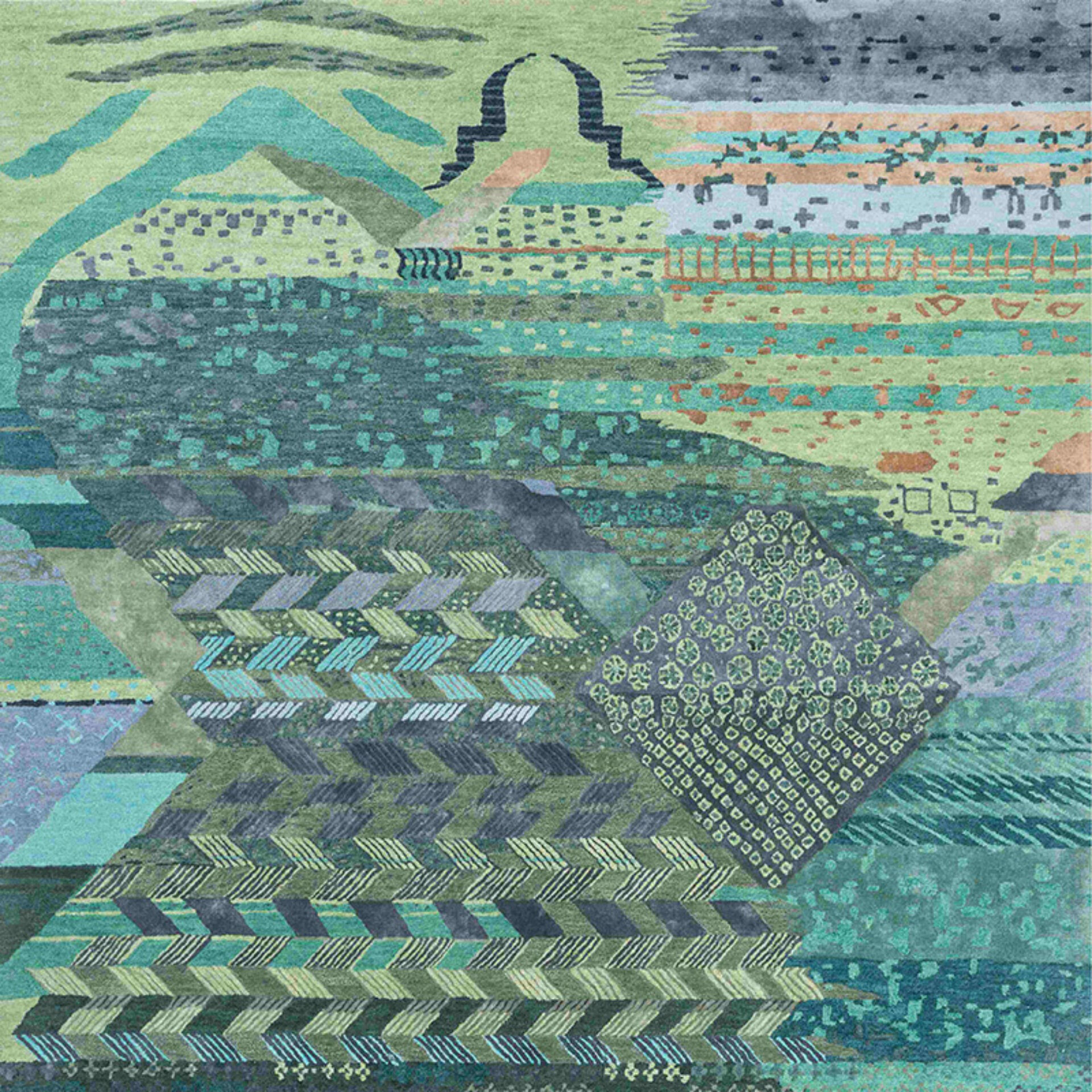 Abstract composition featuring various geometric patterns and shades of green and blue, creating a textured, layered landscape effect.