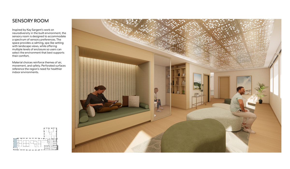 A calming sensory room featuring varied seating areas, relaxed individuals, natural light, and designs promoting comfort and safety.