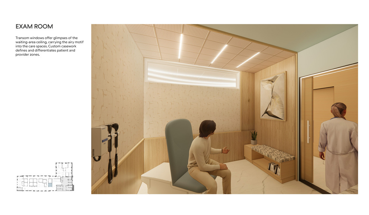 A modern exam room featuring transom windows, soothing colors, and distinct areas for patients and providers, enhancing comfort and privacy.