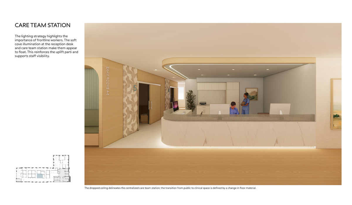 A modern care team station features a reception area with soft lighting, promoting staff visibility and comfort. Decor includes calming elements.