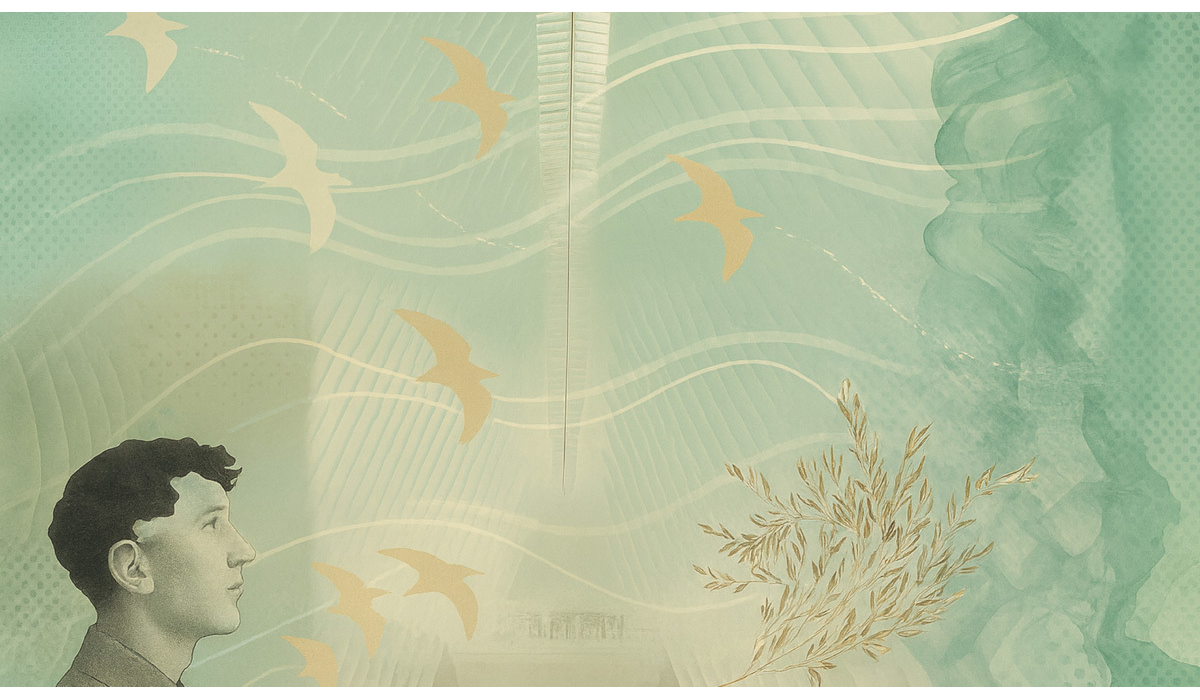 A man gazes upwards, surrounded by abstract waves and golden birds, evoking a sense of contemplation and flight in soothing colors.