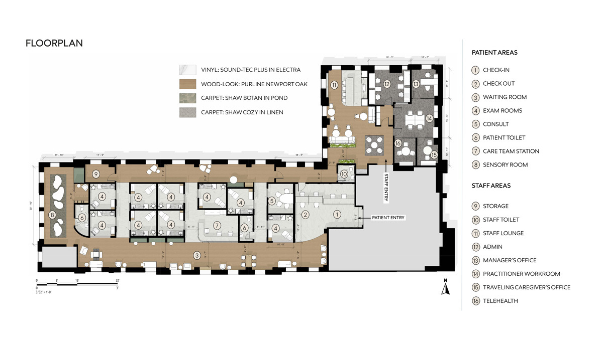 Floor plan showing various patient and staff areas, including exam rooms, waiting room, and offices, with labeled flooring materials.