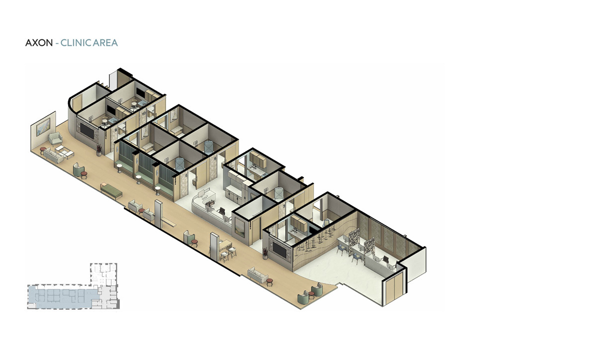 Detailed floor plan of a clinic area showing various rooms for consultations, waiting areas, and treatment spaces, with modern design elements.