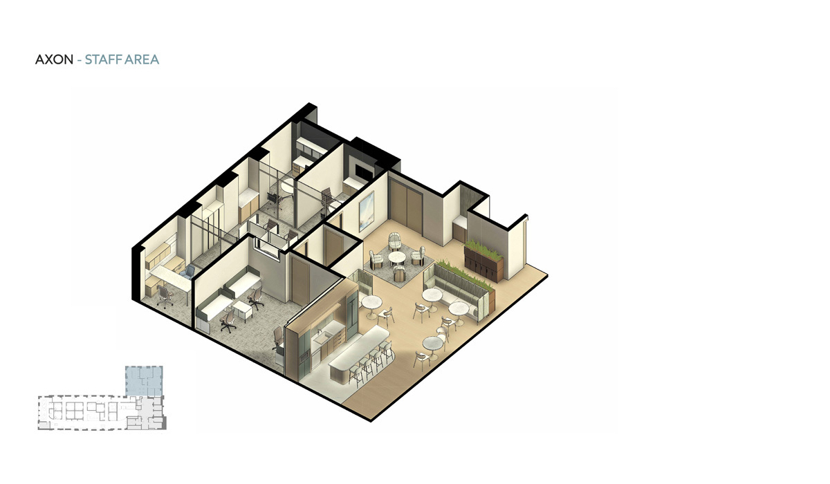 A 3D floor plan of a staff area, featuring offices, workstations, a kitchen, and a dining area with tables and greenery.