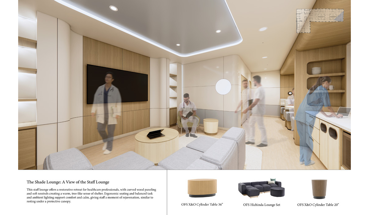 A modern staff lounge featuring ergonomic furniture, warm wood accents, and ambient lighting, designed for comfort and relaxation.