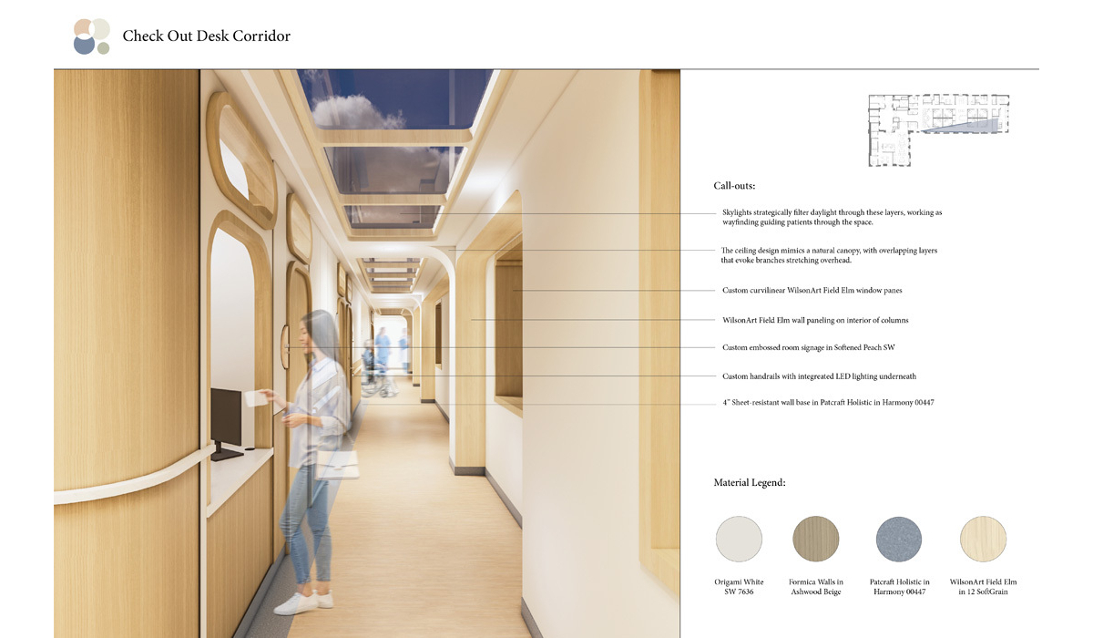 Bright corridor design featuring skylights, smooth wooden finishes, and modern workstations, enhancing visitor navigation and comfort.