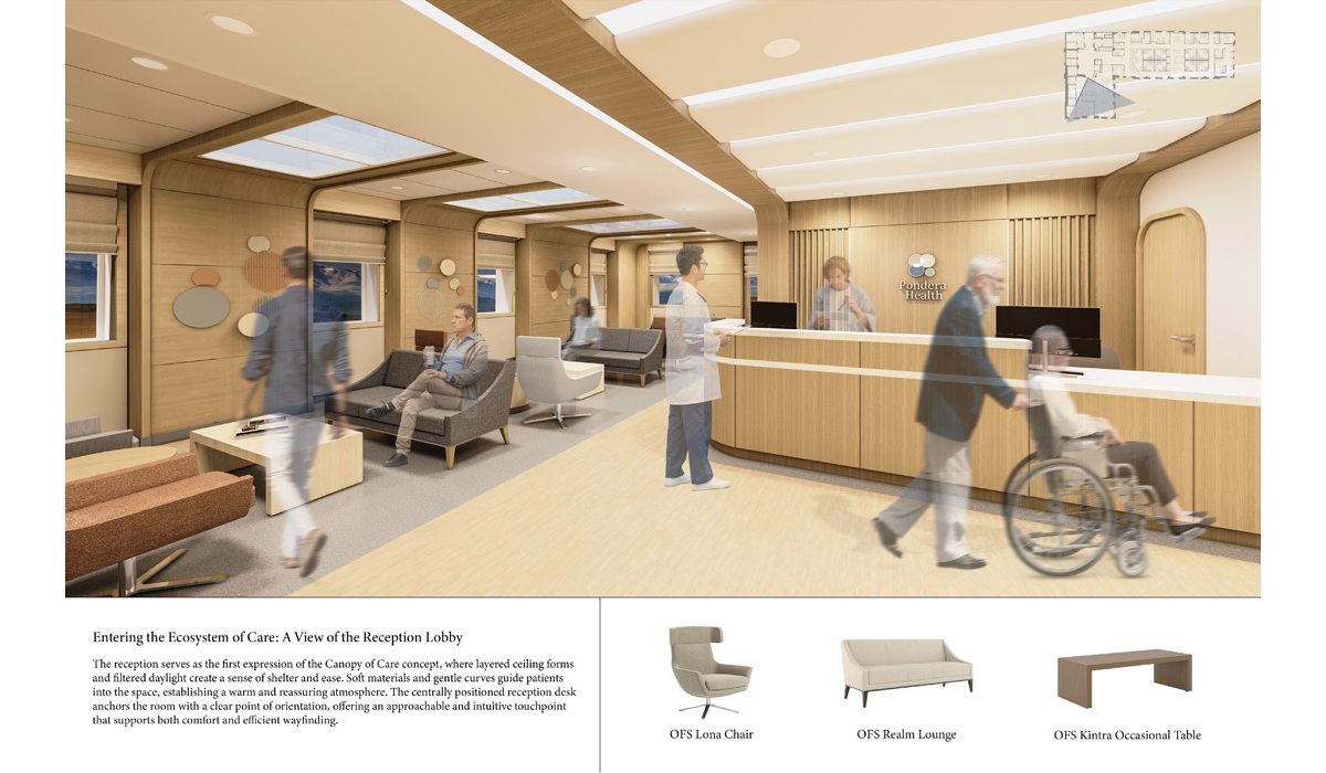 A modern reception lobby with wooden accents showcases a welcoming design, featuring comfortable seating and staff assisting patients.