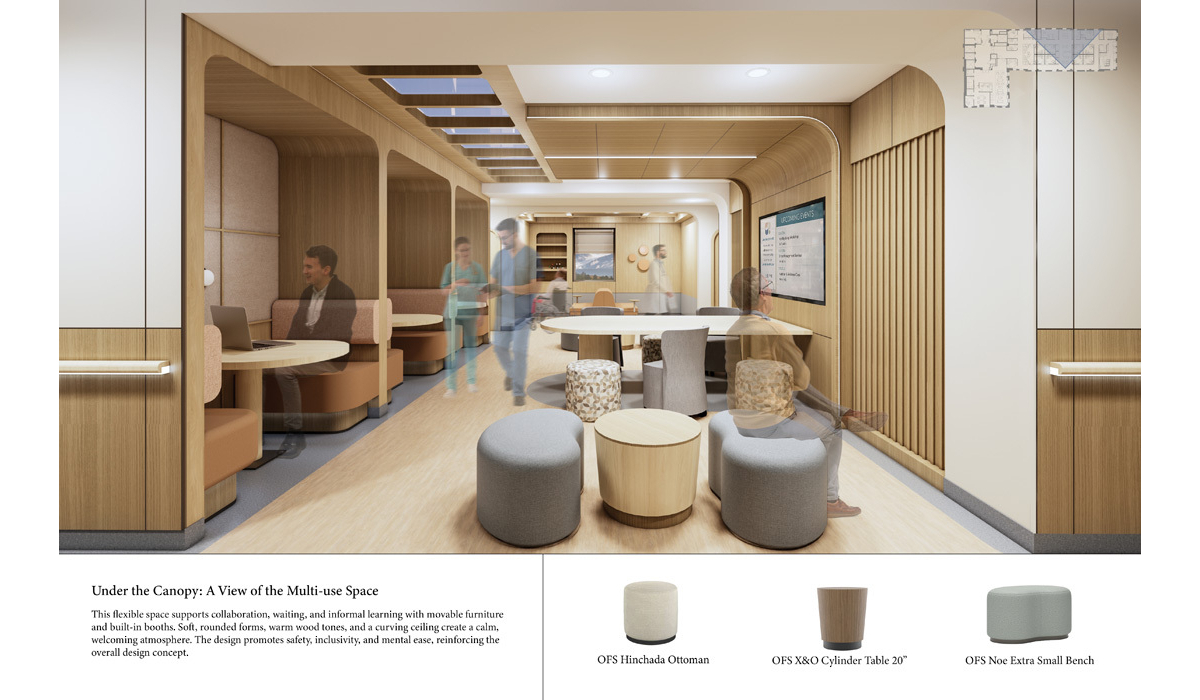 A modern multi-use space featuring movable furniture, soft textures, and natural wood tones, designed for collaboration and comfort.