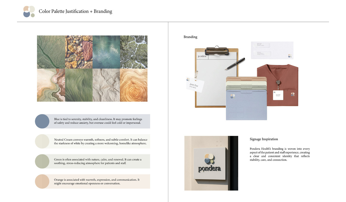 A visual layout showcases a color palette with textures and branding elements, emphasizing warmth, stability, and emotional connection.