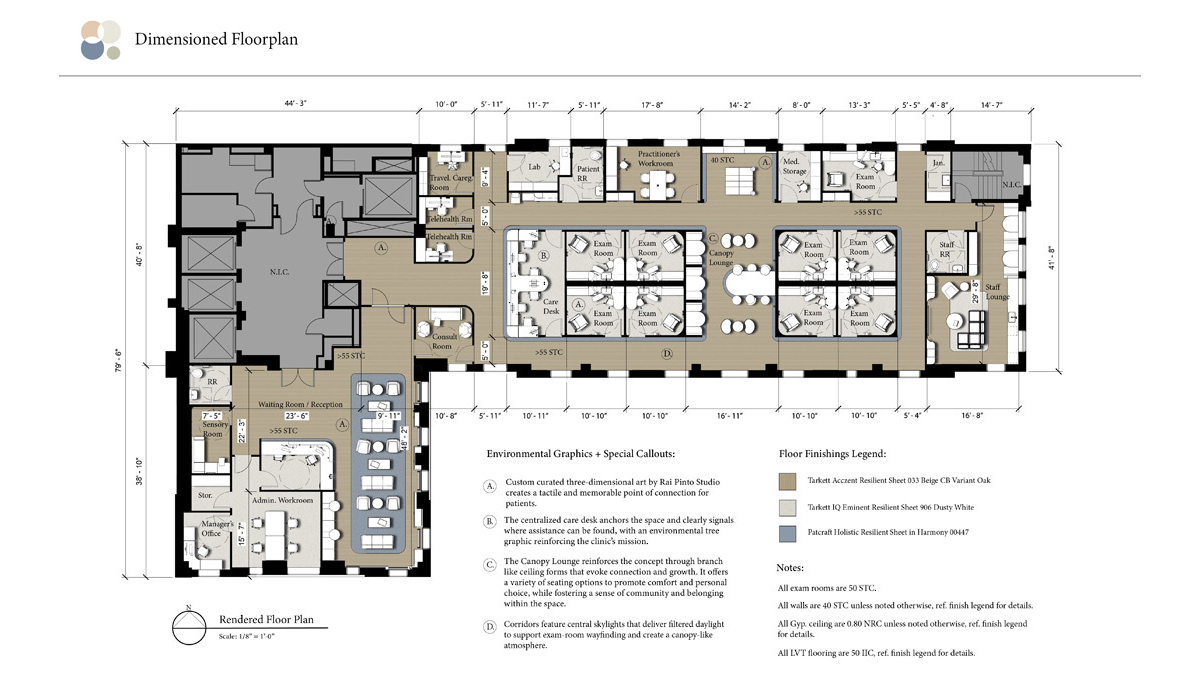 Detailed floor plan illustrating room layouts, including waiting areas, exam rooms, and a staff lounge, with dimensions and furniture placements.