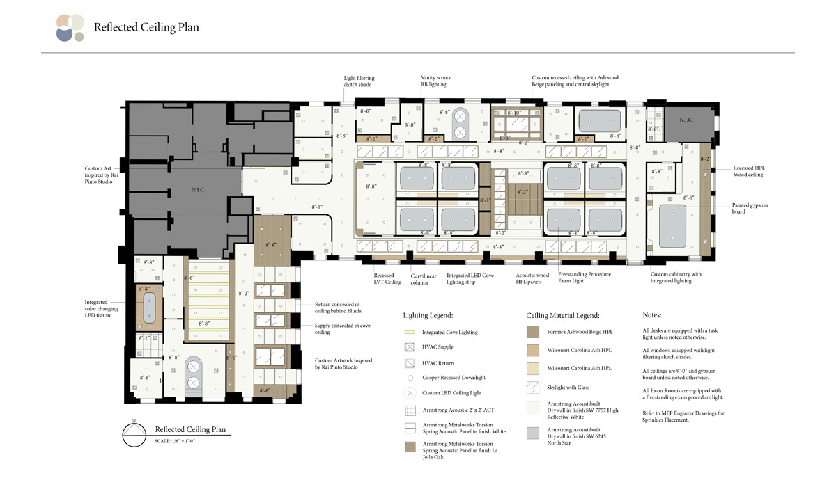 A detailed reflected ceiling plan illustrating various ceiling materials, lighting features, and furniture arrangements in a layout.