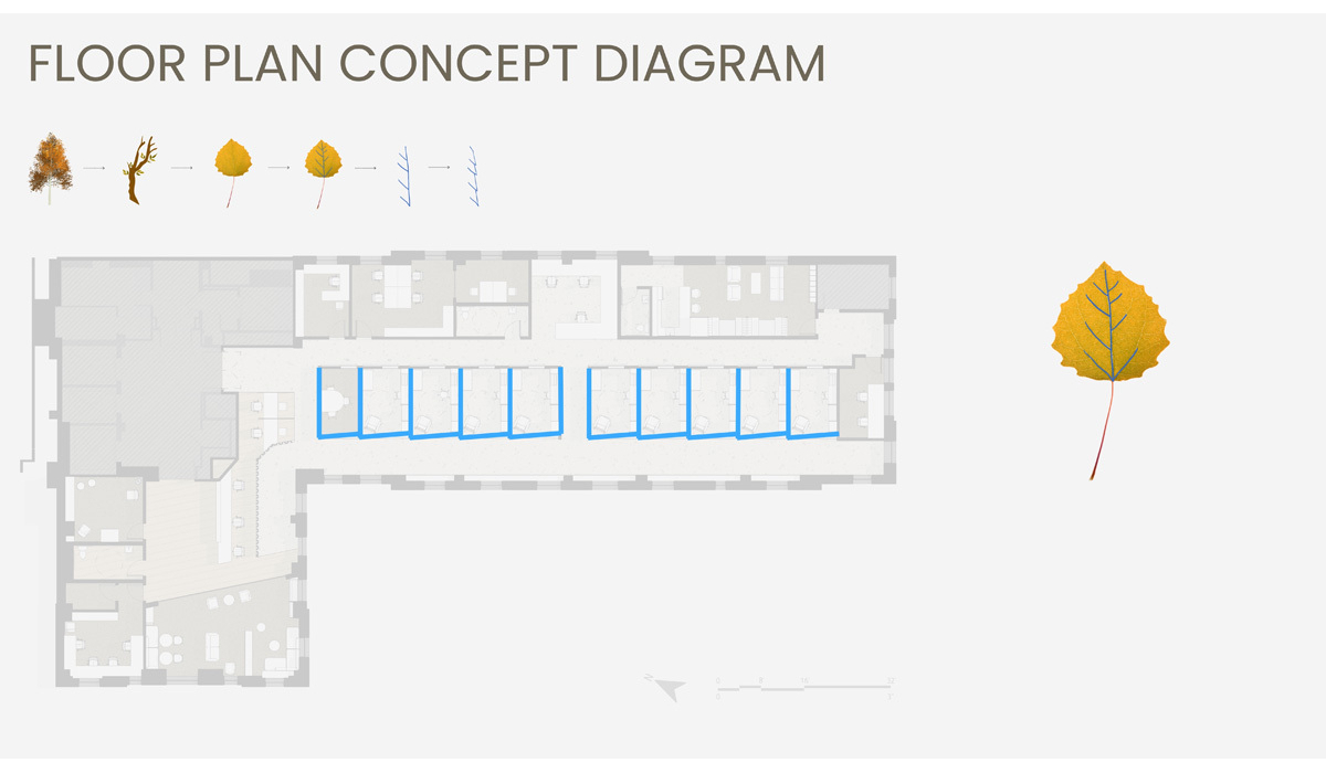 A detailed floor plan concept diagram shows various rooms and furniture layouts, with blue outlines highlighting key areas and nature illustrations.