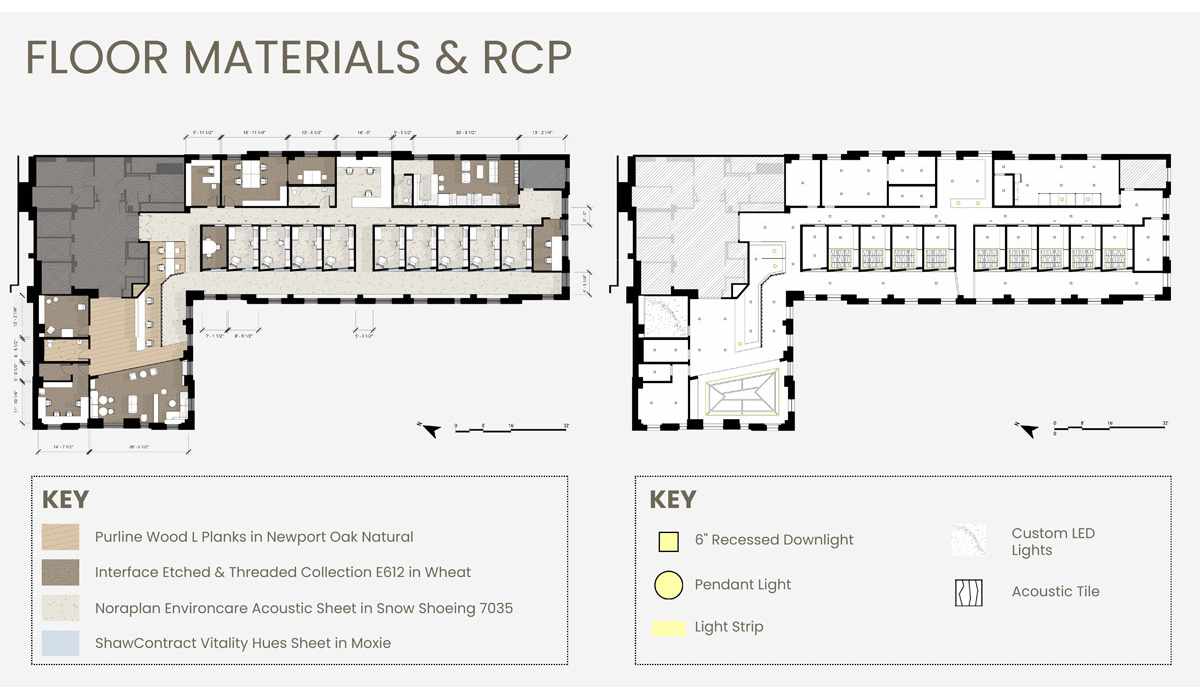 Floor plan detailing materials and reflected ceiling plan, featuring various flooring types and lighting elements identified by a legend.