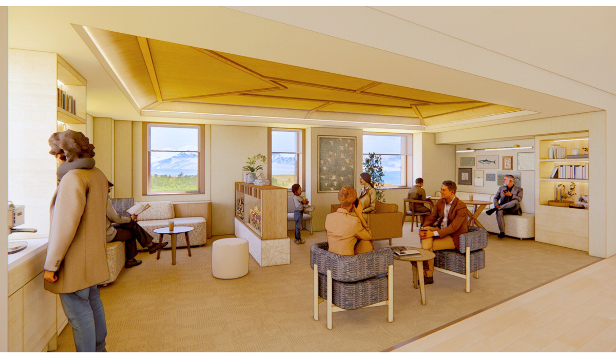 A modern waiting area showcases stylish seating, large windows with mountain views, and diverse individuals engaging in conversation.