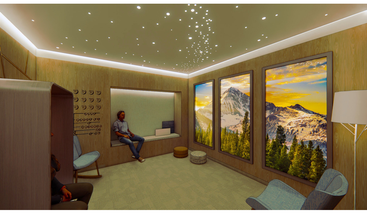 A cozy room features mountain landscape murals, soft lighting, and comfortable seating, designed for relaxation and calm ambiance.