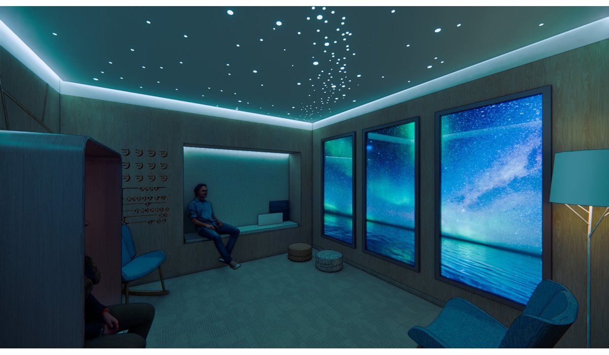 A tranquil interior room features starry ceiling lights and large screens displaying vibrant night sky scenes, enhancing relaxation.