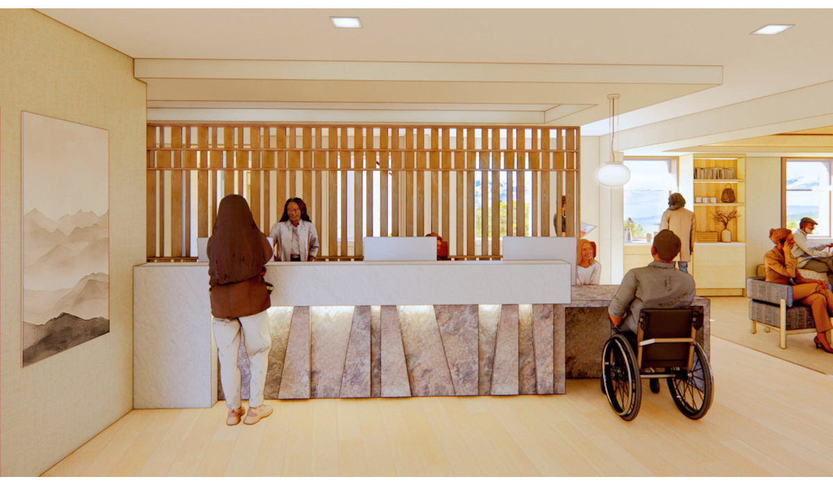 A modern reception area features a front desk with staff interacting, while guests relax in seating areas, including a wheelchair user.