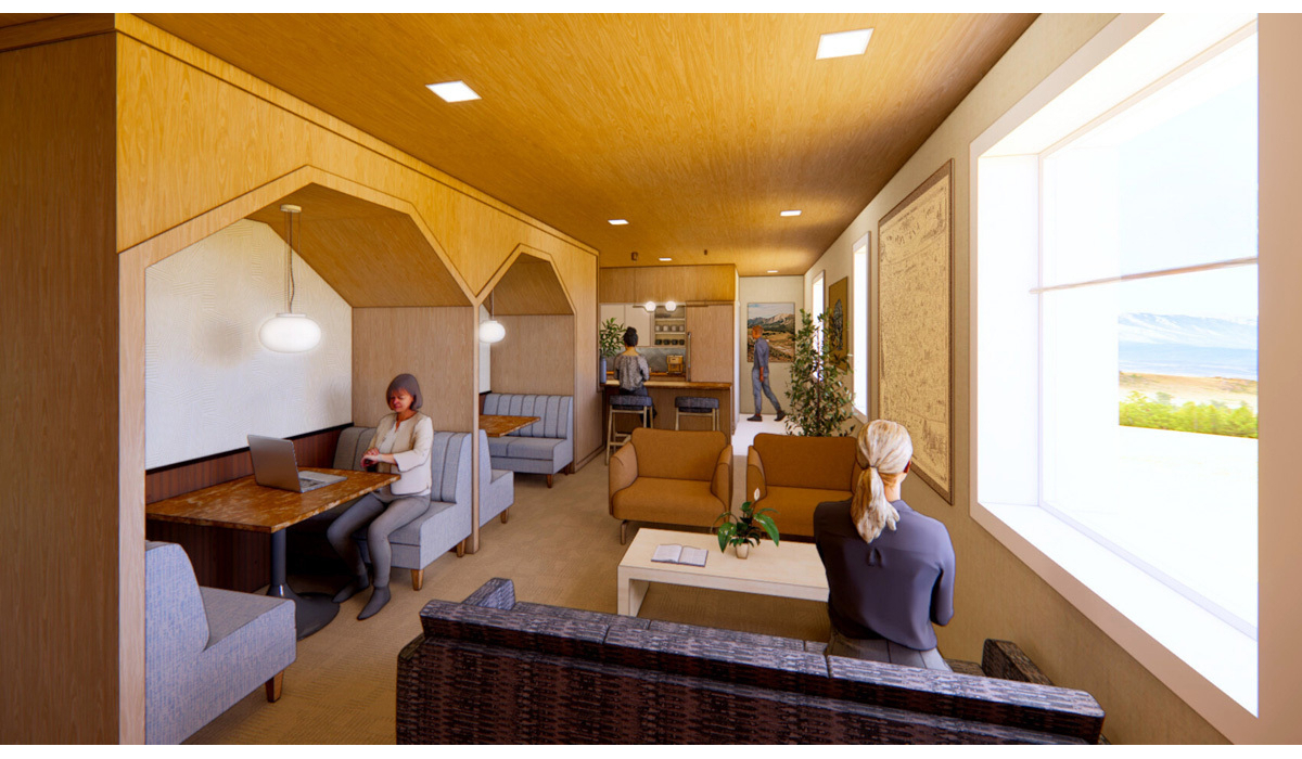 A modern, open-plan interior features cozy seating areas, workspaces with a laptop, plants, and natural light streaming through windows.