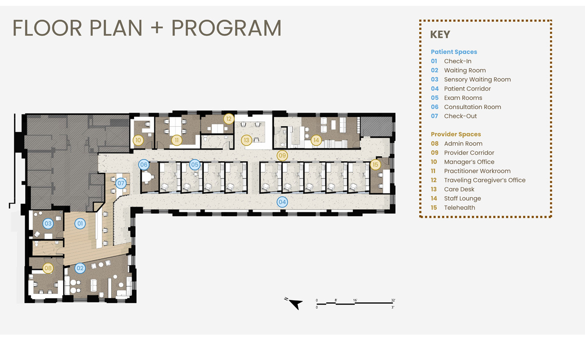 Detailed floor plan featuring patient and provider spaces, including check-in, waiting rooms, exam rooms, and offices, with a key for reference.
