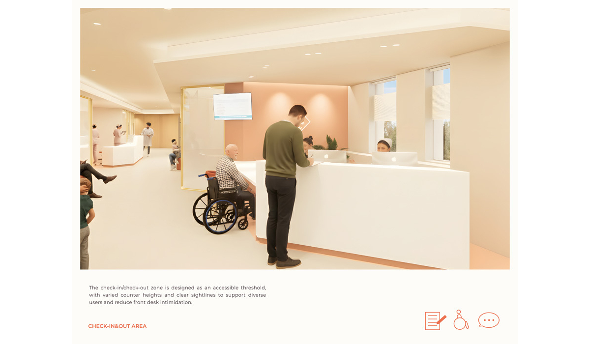 A welcoming check-in and check-out area designed with varied counter heights, ensuring accessibility for all users in a bright environment.