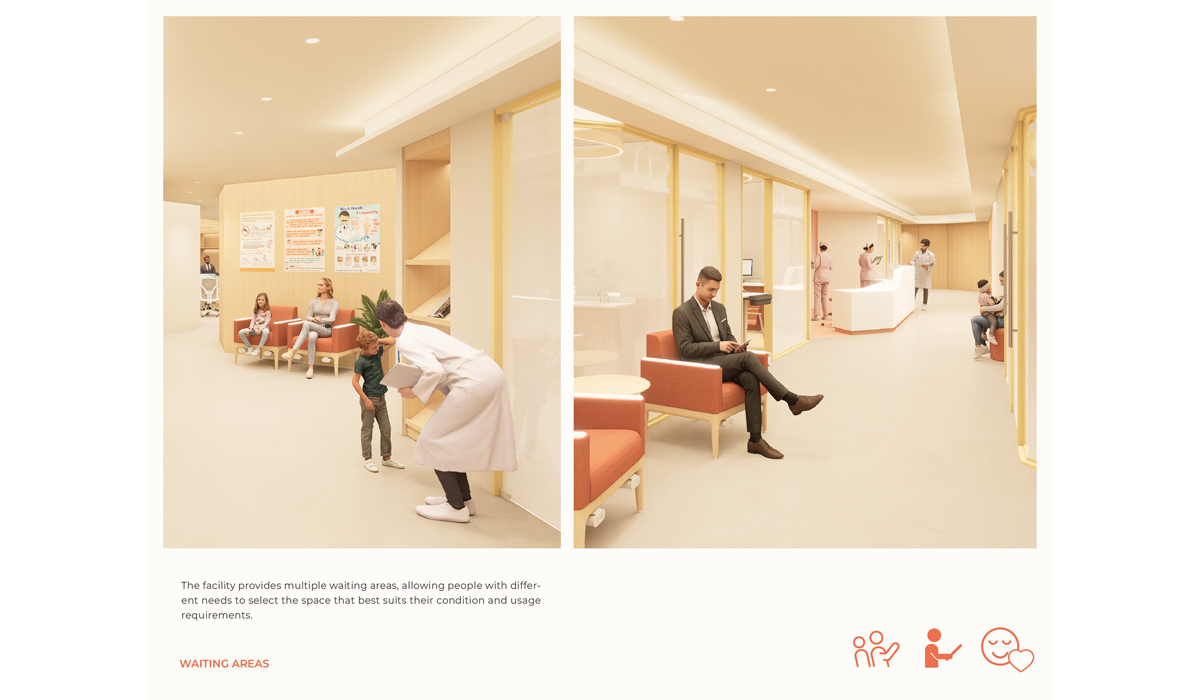 The brightly lit facility features various waiting areas, accommodating diverse needs and providing comfortable seating for visitors.