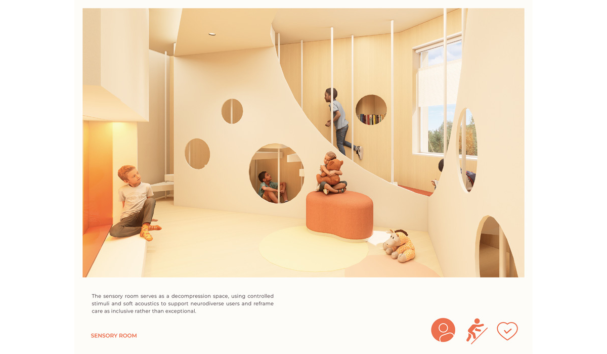A bright sensory room features children engaging with playful structures, soft textures, and stuffed animals for a calming, inclusive experience.