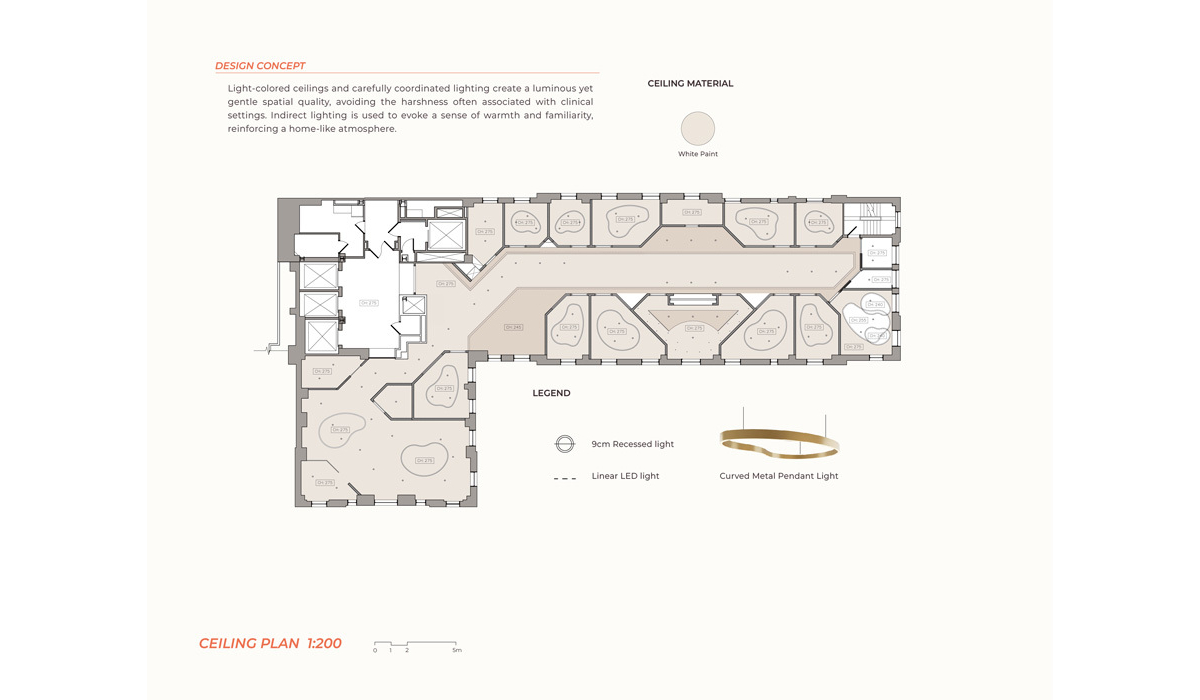 Floor plan illustrating a ceiling design concept with light-colored finishes and various light fixtures, emphasizing a home-like atmosphere.