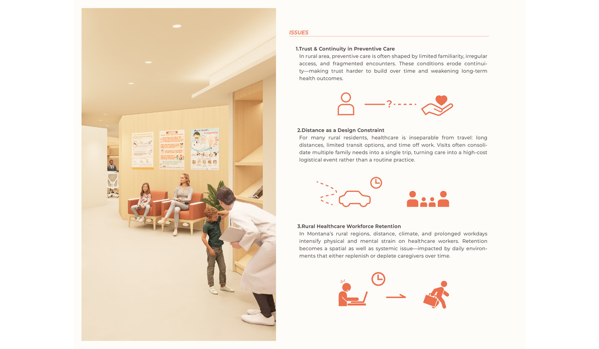 A healthcare setting showcases several issues, including trust in preventive care, distance constraints, and workforce retention challenges.