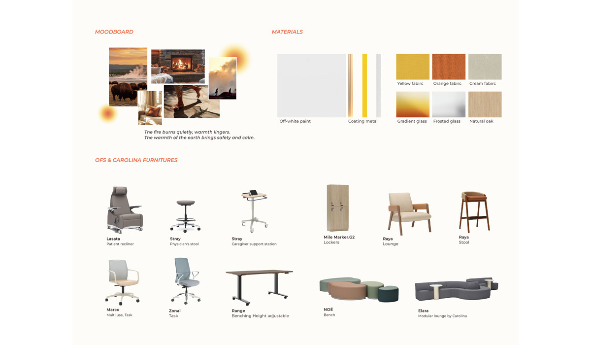 A mood board showcases warm imagery and materials, accompanied by a selection of OFS and Carolina furniture designs for various settings.