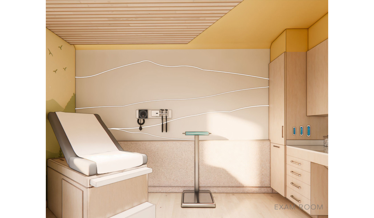 A bright, modern exam room features a patient examination table, medical instruments, and a scale, with calming wall aesthetics.
