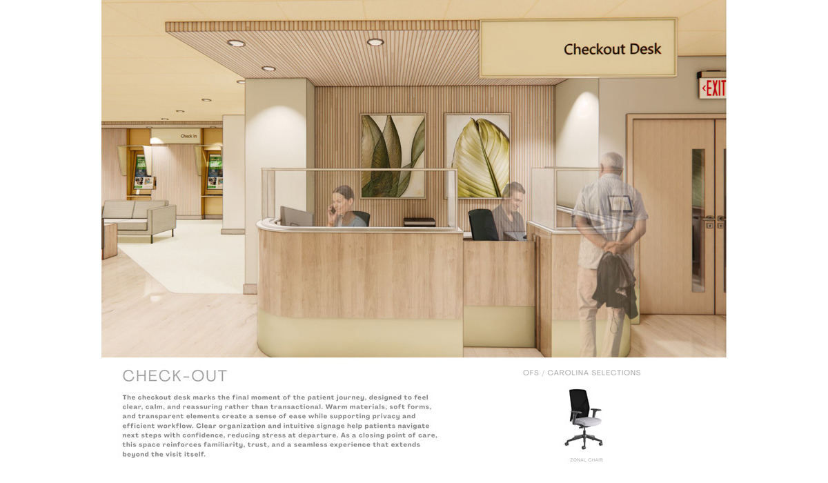 The checkout area features a modern design with warm materials, a reception desk, and calming decor, enhancing patient experience.