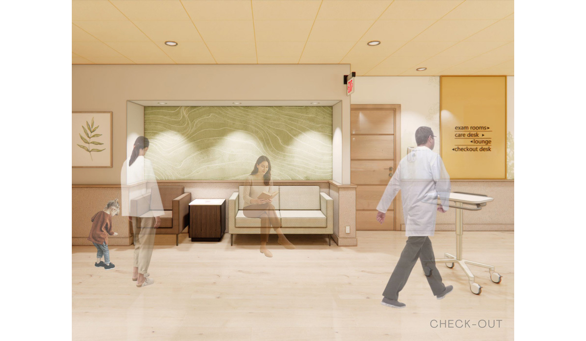 A warm and inviting medical reception area features a woman reading, a child playing, and a healthcare professional walking by.