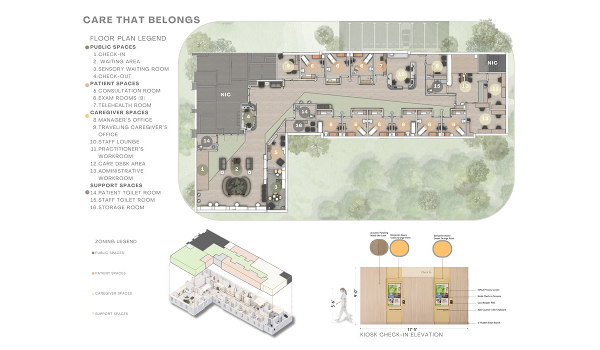A detailed floor plan showcases various spaces including patient rooms, caregiver areas, and support facilities, emphasizing functionality.