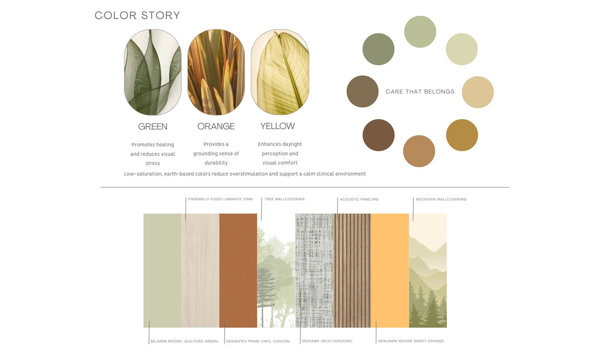 Color story emphasizing healing and comfort through green, orange, and yellow shades, supported by samples of wall coverings and laminates.
