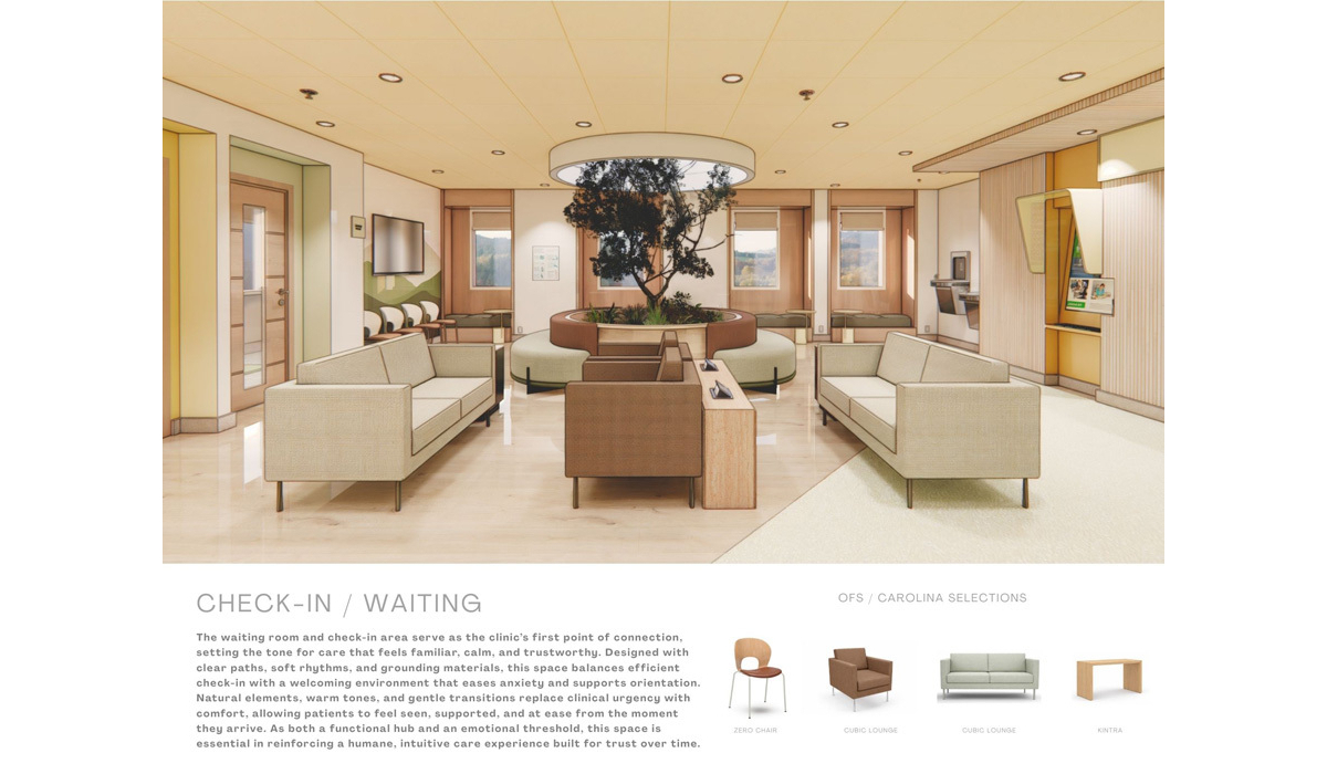 A modern waiting room design featuring comfortable seating, natural decor, and soft lighting, creating a calming and welcoming atmosphere.