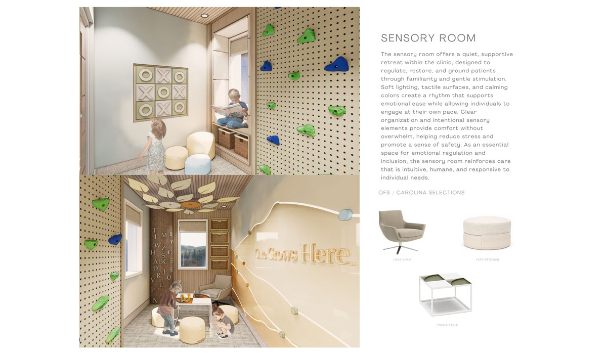 A sensory room designed for emotional regulation features soft lighting, tactile walls, and cozy seating areas for individual engagement.