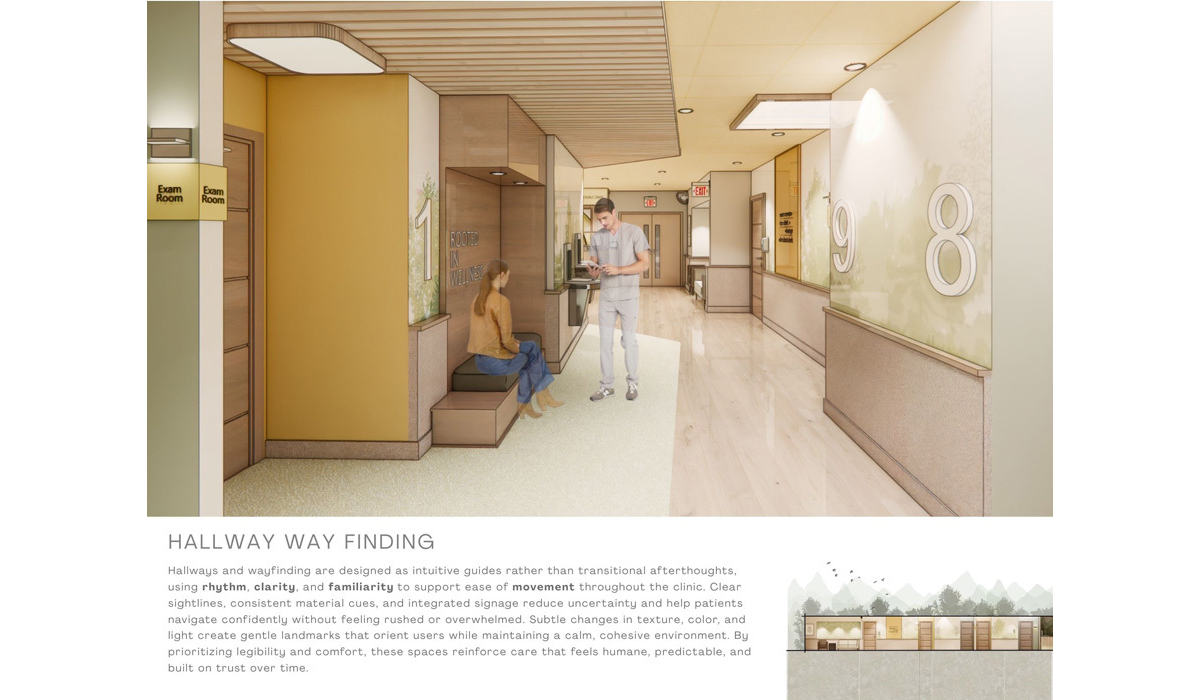 A modern clinic hallway showcases warm colors, clear signage, and a relaxed atmosphere, enhancing navigation and patient comfort.