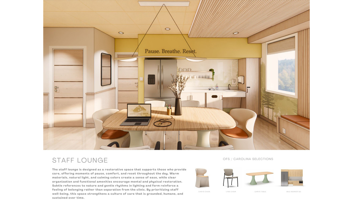 Brightly designed staff lounge featuring natural materials, a communal table, and calming colors aimed at promoting relaxation and comfort.